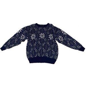 Vintage Architect Navy Blue Snowflake Geometric Knit Pullover Sweater Large